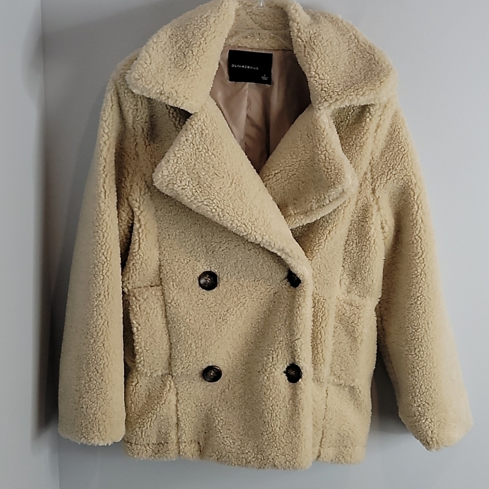 Olivaceous Soft Shearling Sherpa Cream Teddy Peacoat Coat Size Small